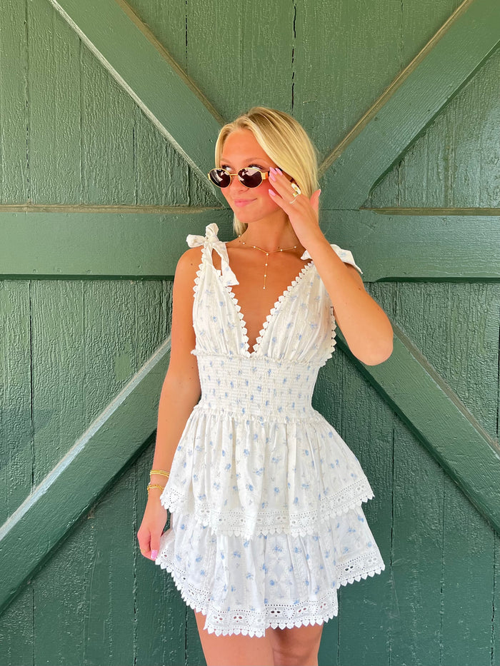 Penelope Ditsy Eyelet Tie Strap Layered Lace Mini Dress