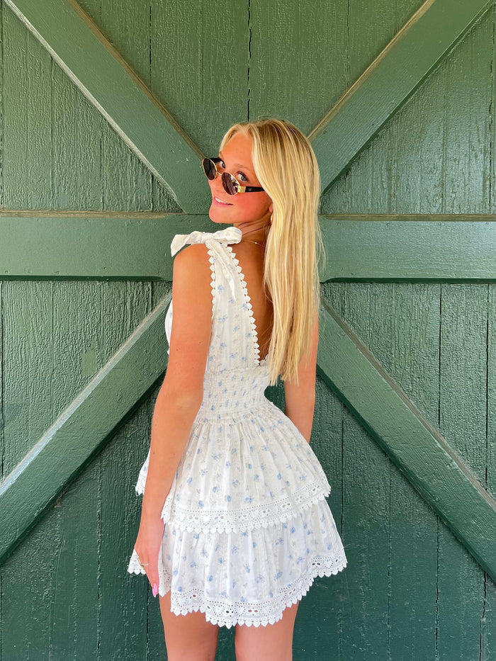 Penelope Ditsy Eyelet Tie Strap Layered Lace Mini Dress
