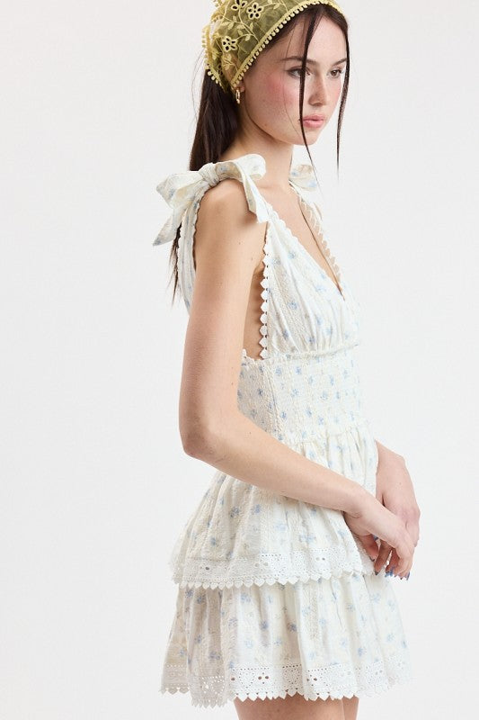 Penelope Ditsy Eyelet Tie Strap Layered Lace Mini Dress