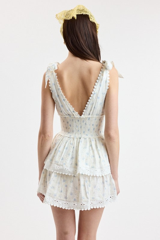 Penelope Ditsy Eyelet Tie Strap Layered Lace Mini Dress