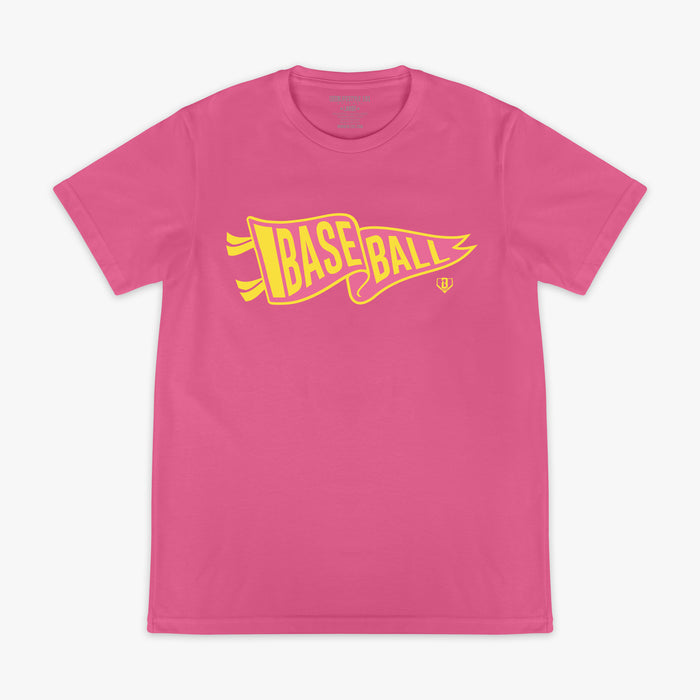 Adult model wearing red Pennant Pink Lemonade graphic tee