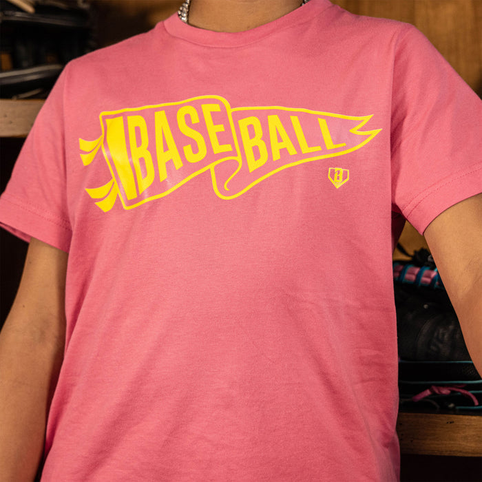 Youth model wearing red Pennant Pink Lemonade youth graphic tee