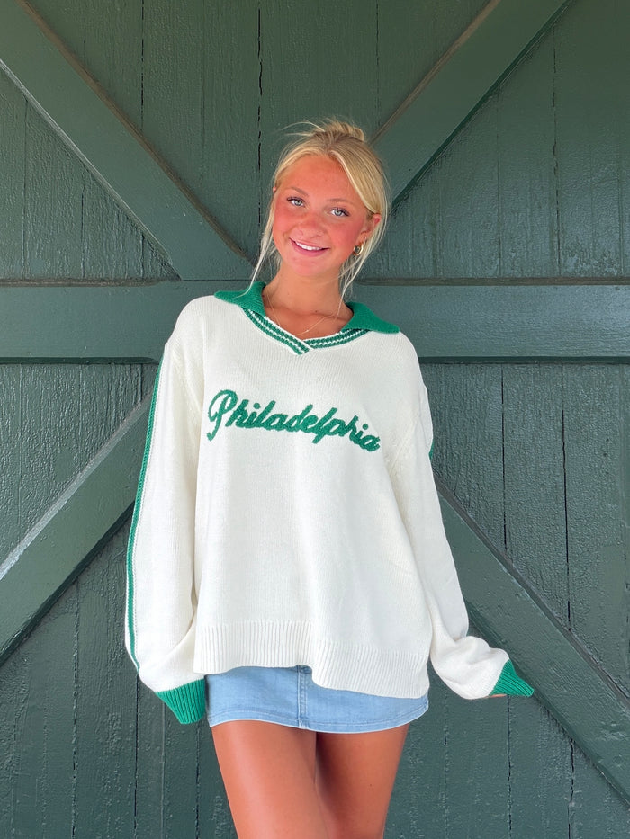 Philadelphia Split Collar Sweater-Green