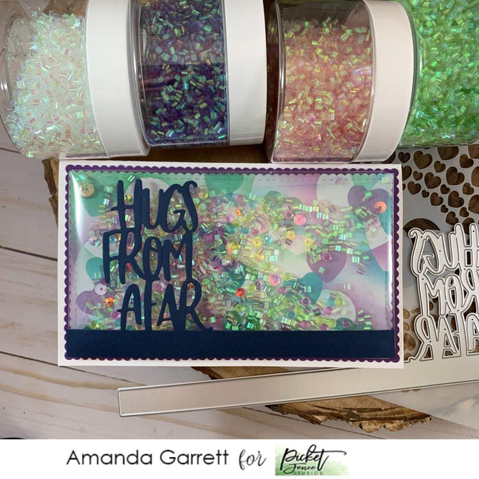 Picket Fence - Shaker Garnish - 4oz - Iridescent Clear. Available at Embellish Away located in Bowmanville Ontario Canada. Card design by Amanda Garrett.