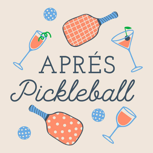 Set of 20 Apres Pickleball cocktail napkins by Soiree Sisters featuring colorful pickleball-themed designs.