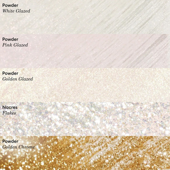 Five horizontal swatches of Manucurist Pink Glazed Effect Powder showcase different pearlescent finishes—white glazed, pink glazed, golden glazed, iridescent flakes, and golden chrome—with each labeled by name.