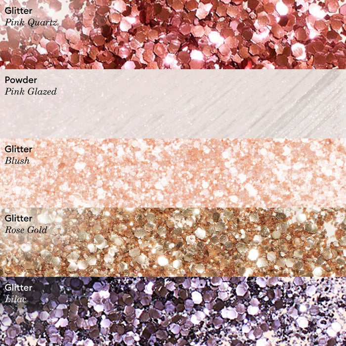 Five horizontal swatches display: Pink Quartz Biodegradable Glitter by Manucurist (pink glitter), Pink Glazed (pale pink powder), Blush (light blush glitter), Rose Gold (rose gold glitter), and purple glitter—perfect for nail art.