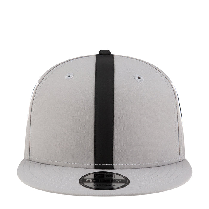Grey and black snapback cap with front vertical black stripe