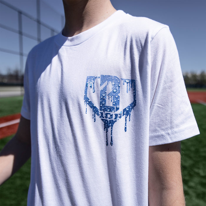 Youth model wearing white Rain Delay youth graphic tee