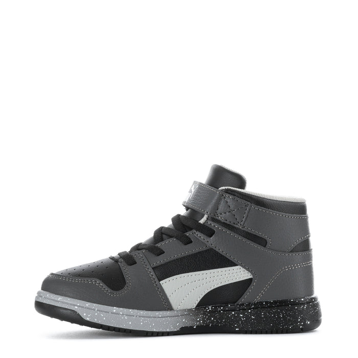 Kids high-top sneakers, side view in dark gray with light gray strap and lace-up.