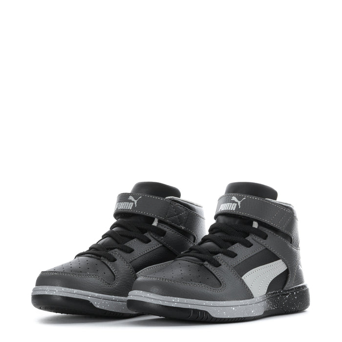 Kids high-top sneakers pair view in dark gray with light gray side panel, lace-up.