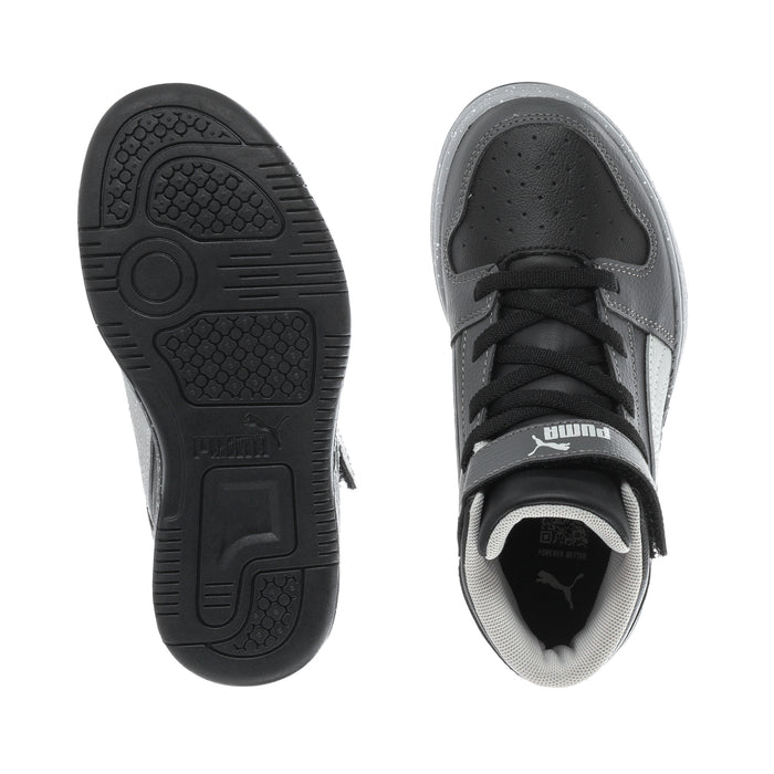 Kids high-top sneakers showing treaded outsole and inner lining with lace-up collar.