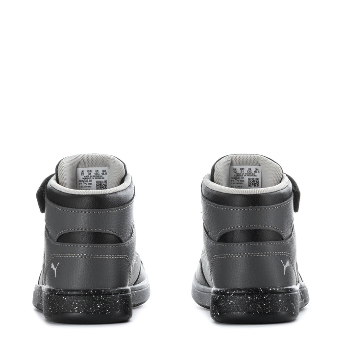 Kids high-top sneakers back view in dark gray with heel branding and lace-up.