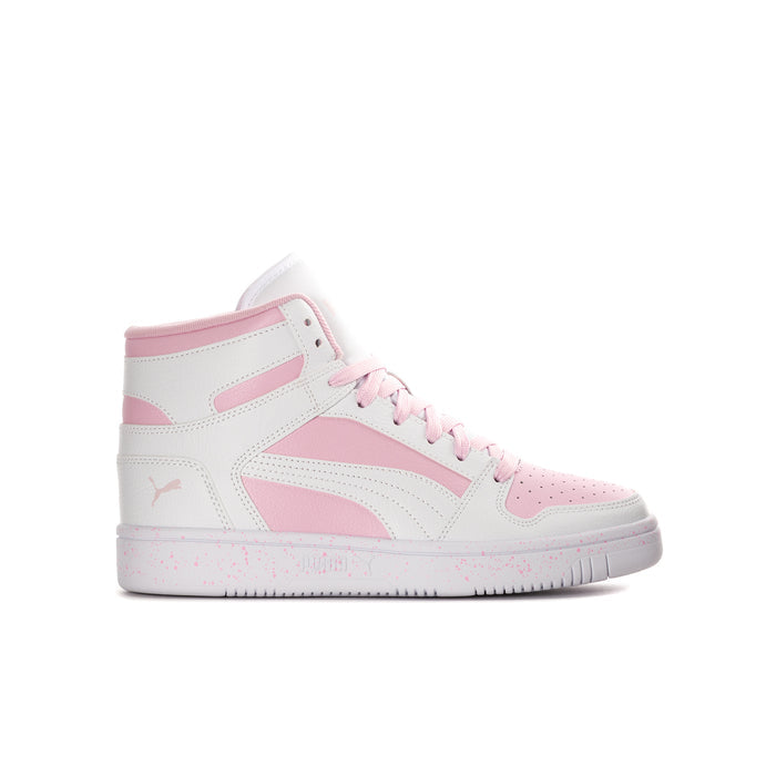 Youth high-top sneakers, white with pink side panels and lace-up closure