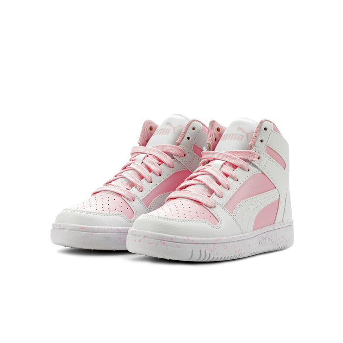 Youth high-top sneakers in white and pink, lace-up style with cushioned collar