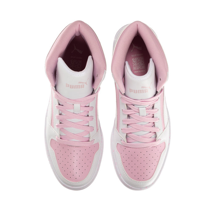 Pair of youth high-top sneakers, open tongue showing pink lining and lace-up eyelets