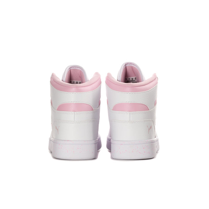 Youth high-top sneakers, rear view with pink collars and white heel with stitching