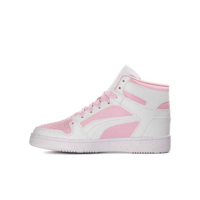 Youth high-top sneakers, white upper with pink overlays and lace-up front