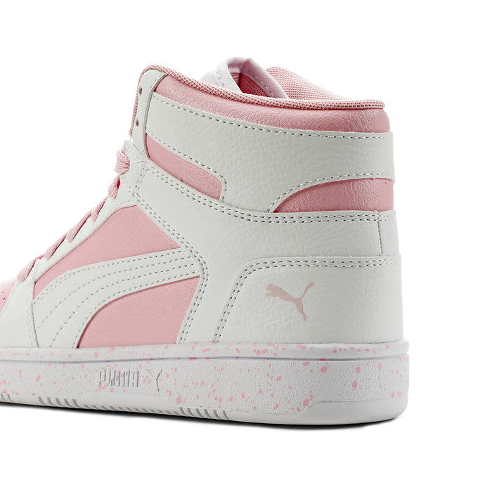 Youth high-top sneakers, side view with pink collar and heel stripe accents