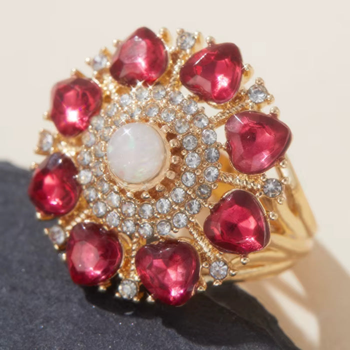 Red Hearts Flower Adjustable Gold Tone Finger Ring Fashion Jewelry Statement For Women