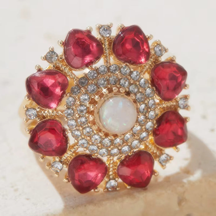 Red Hearts Flower Adjustable Gold Tone Finger Ring Fashion Jewelry Statement For Women