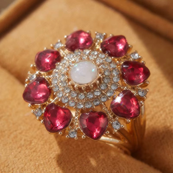 Red Hearts Flower Adjustable Gold Tone Finger Ring Fashion Jewelry Statement For Women