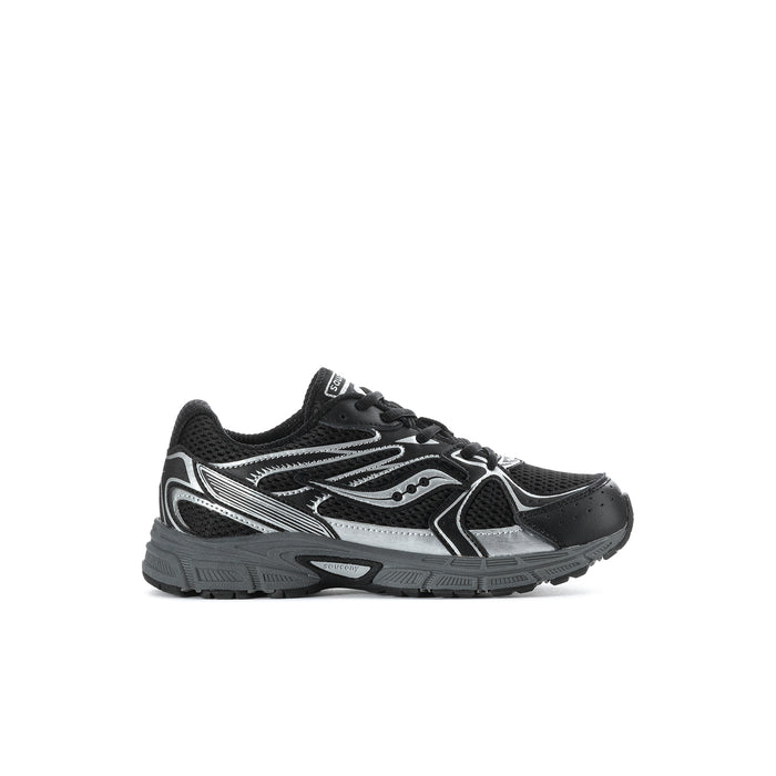 Kids black lace-up running sneakers with silver accents and chunky rubber sole