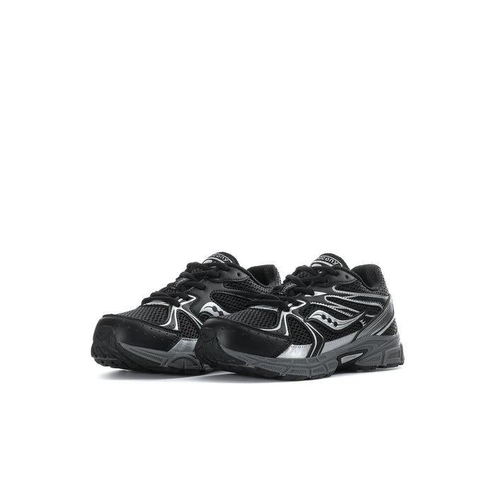 Kids black lace-up running sneakers with silver logo and cushioned heel collar