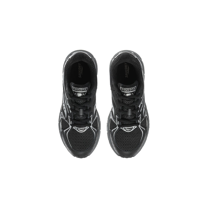 Kids black lace-up sneakers with mesh upper and Saucony logo on tongue