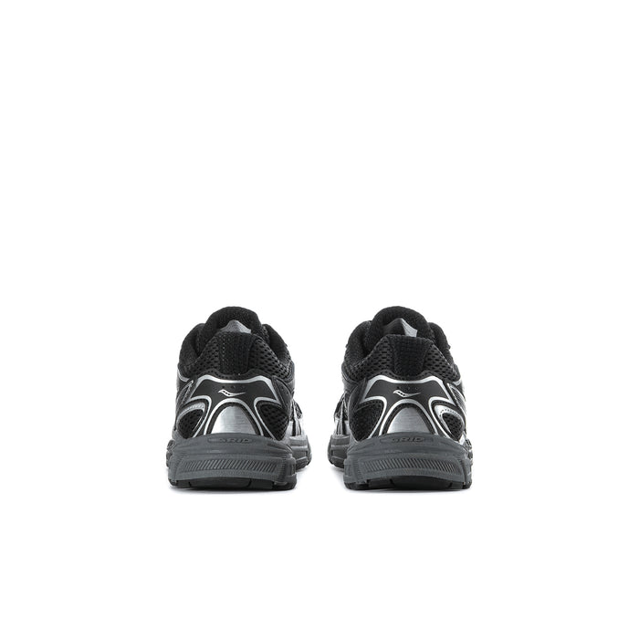 Kids black running sneakers rear view with cushioned heel and pull-loop detail