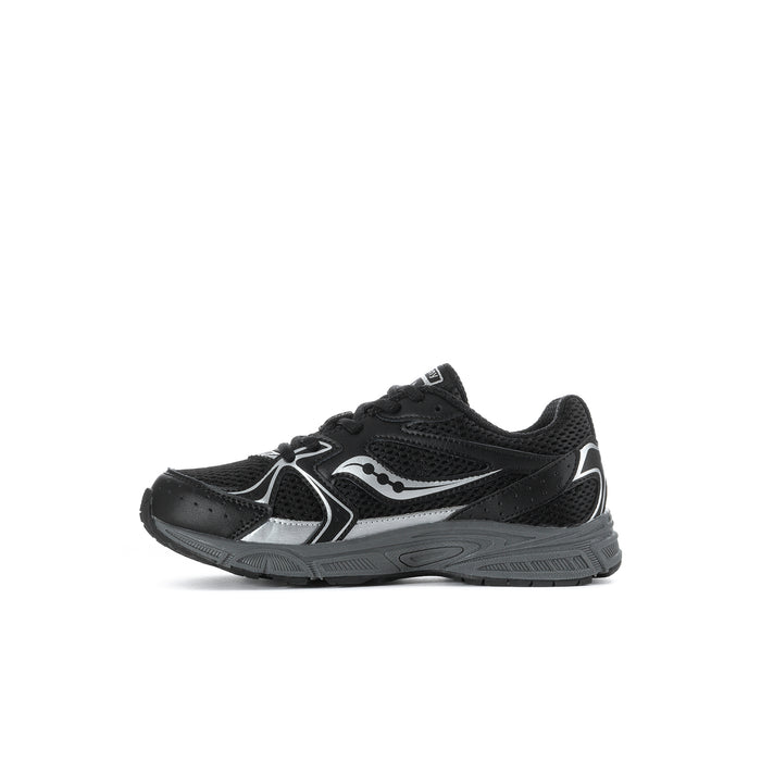 Kids black lace-up running sneakers with silver swoosh-style overlays and textured sole