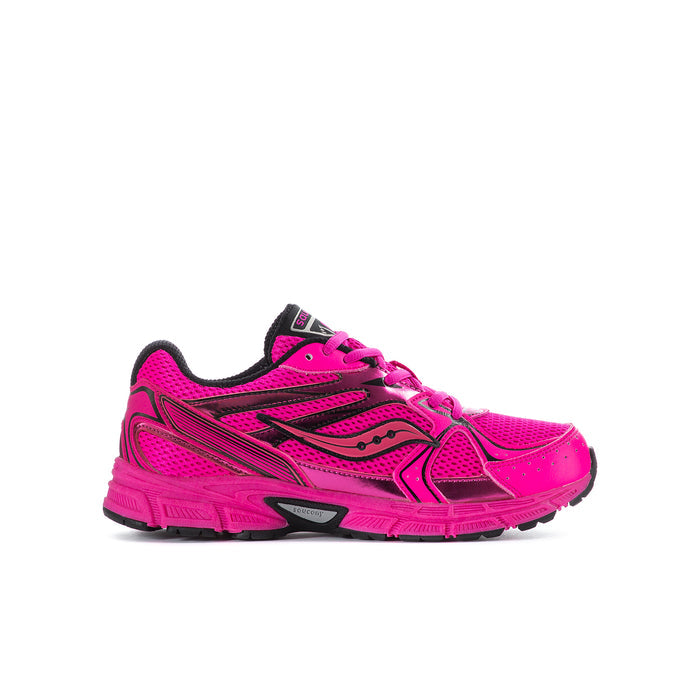 Youth pink running shoe with black laces and accents, side view
