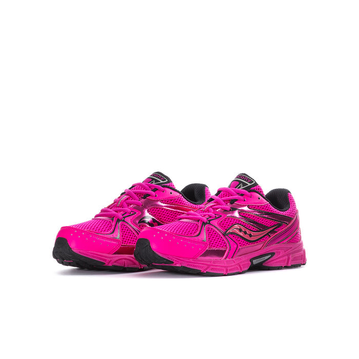 Youth pink running shoe, angled side view with black collar and tread details