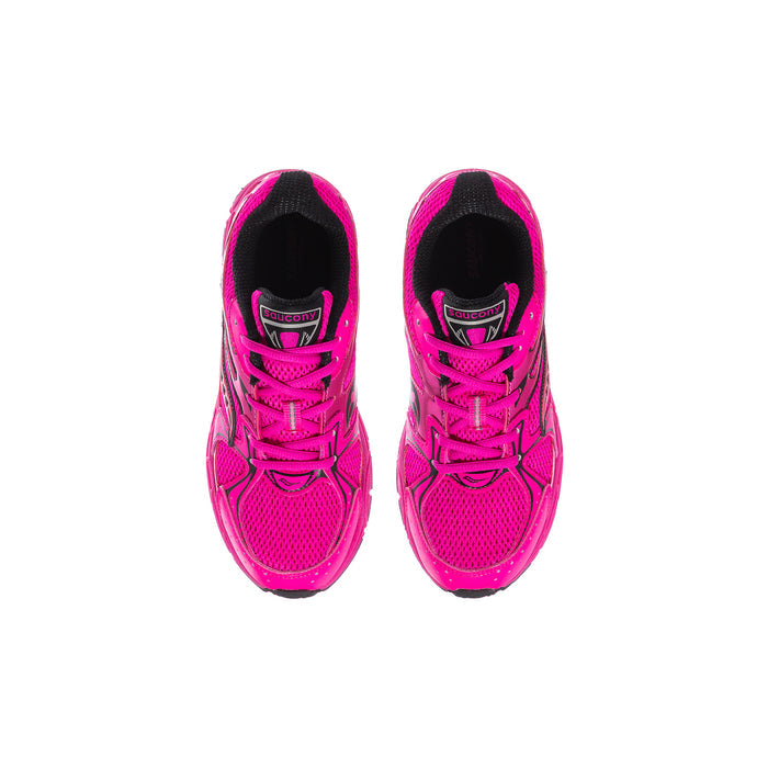 Pair of youth pink running shoes, front view with mesh upper and laces