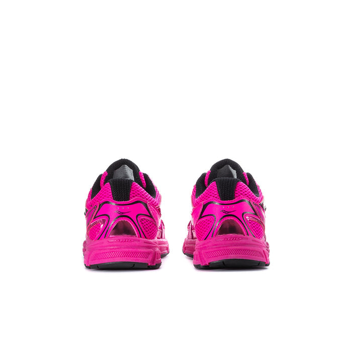 Pair of youth pink running shoes, heel/back view with black trim