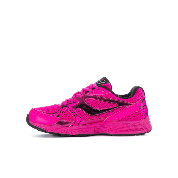 Youth pink running shoe, side view with black overlays and ridged outsole