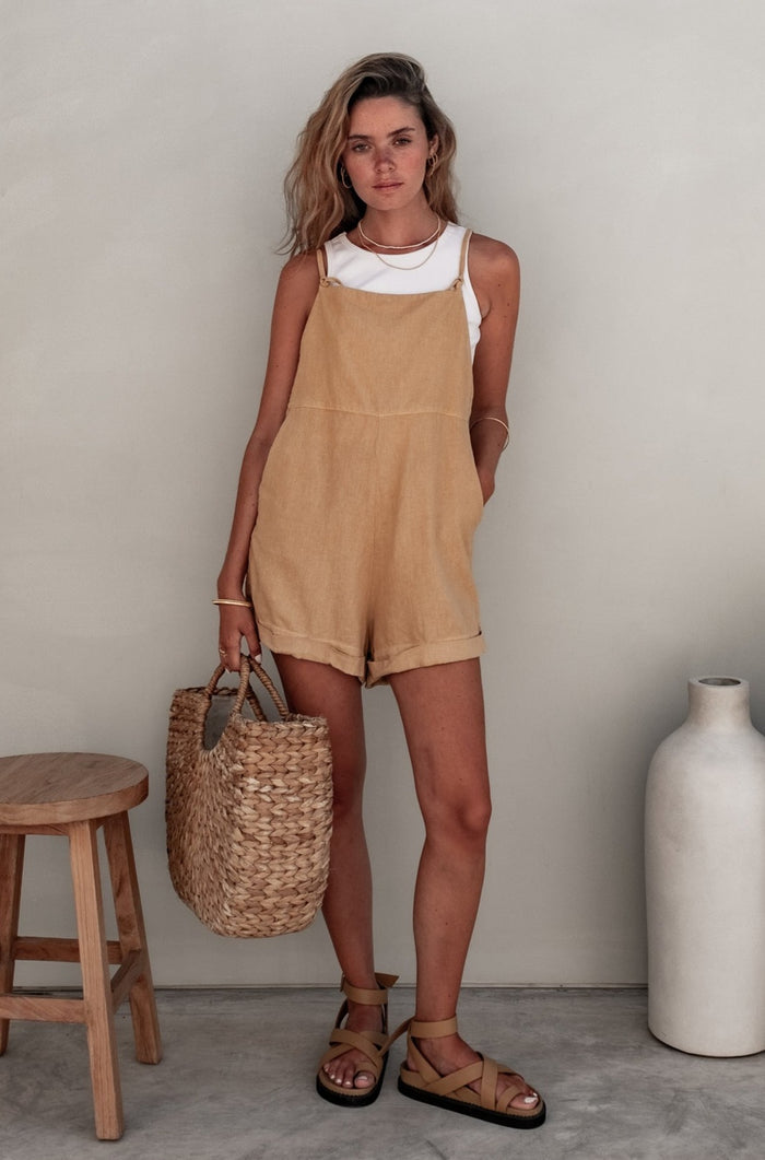 Riley Short Linen Summer Overalls Plant Dyed in Cinnamon