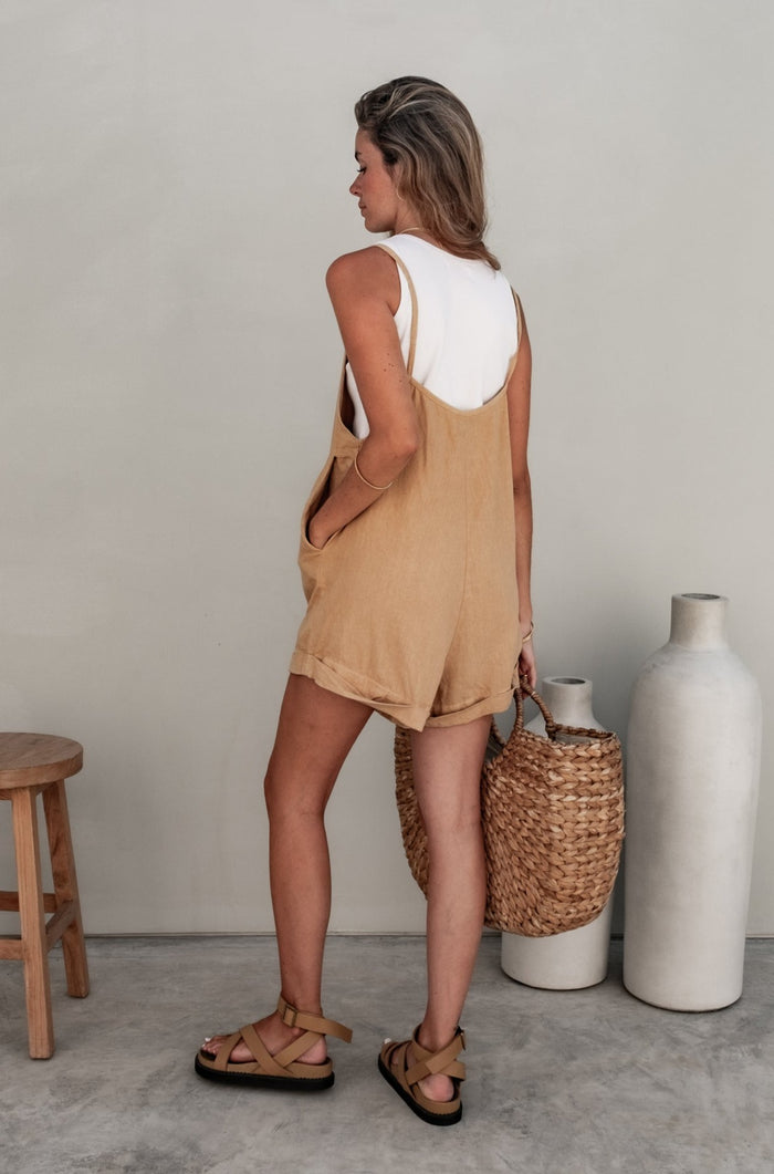 Riley Short Linen Summer Overalls Plant Dyed in Cinnamon