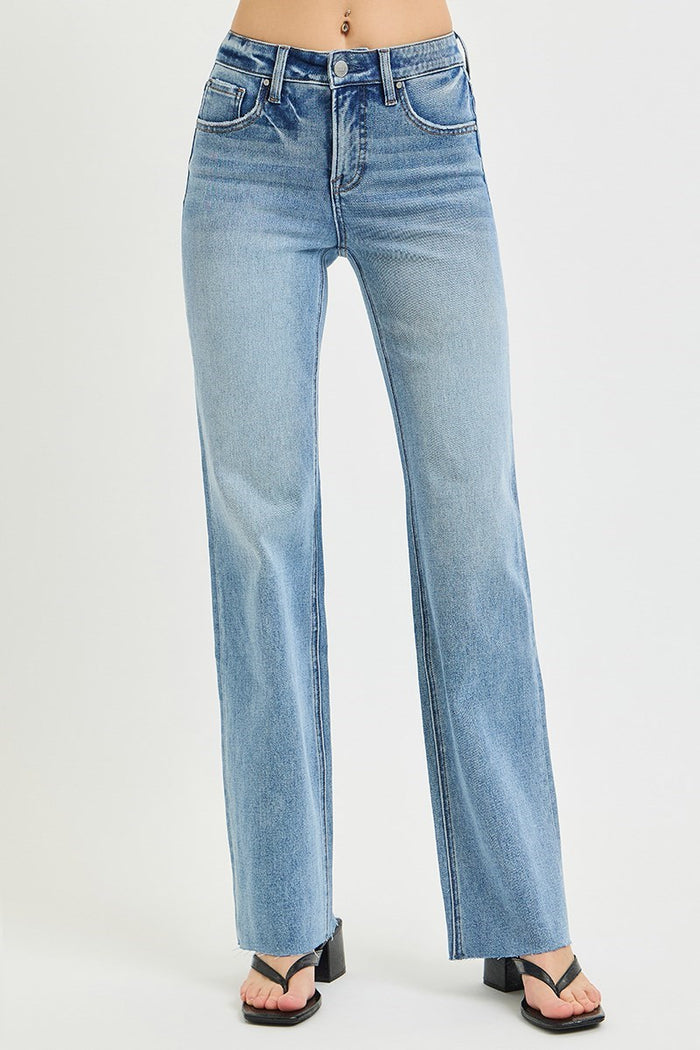 Risen Tummy Control Mid Rise Straight Leg Jeans – Flattering 4-Way Stretch Denim