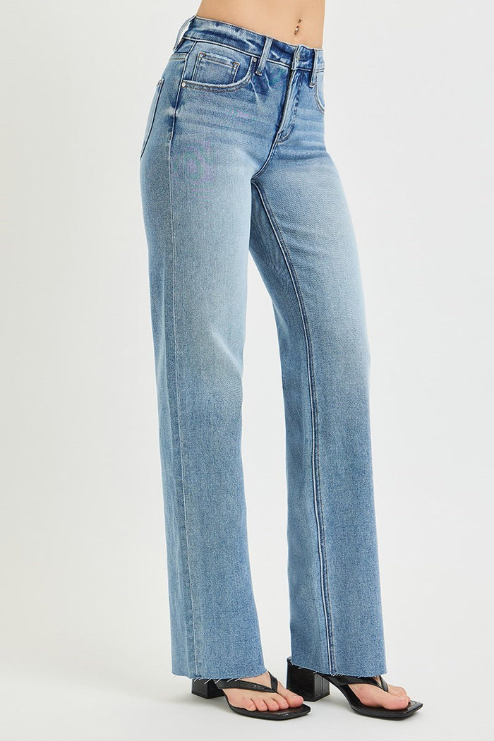 Risen Tummy Control Mid Rise Straight Leg Jeans – Flattering 4-Way Stretch Denim