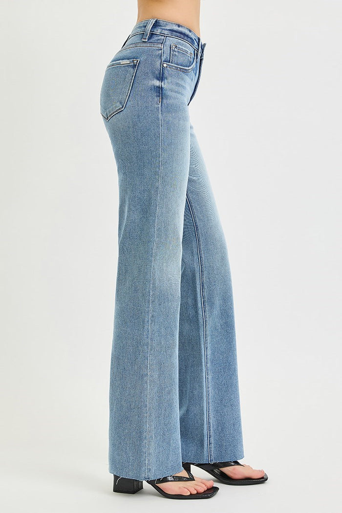Risen Tummy Control Mid Rise Straight Leg Jeans – Flattering 4-Way Stretch Denim