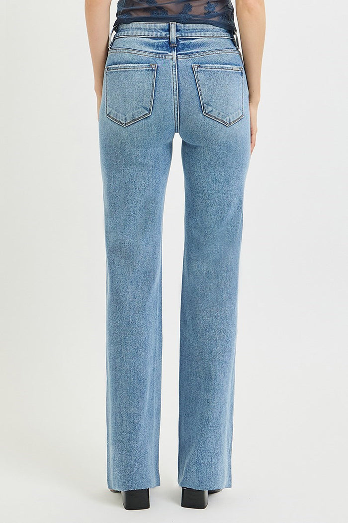 Risen Tummy Control Mid Rise Straight Leg Jeans – Flattering 4-Way Stretch Denim