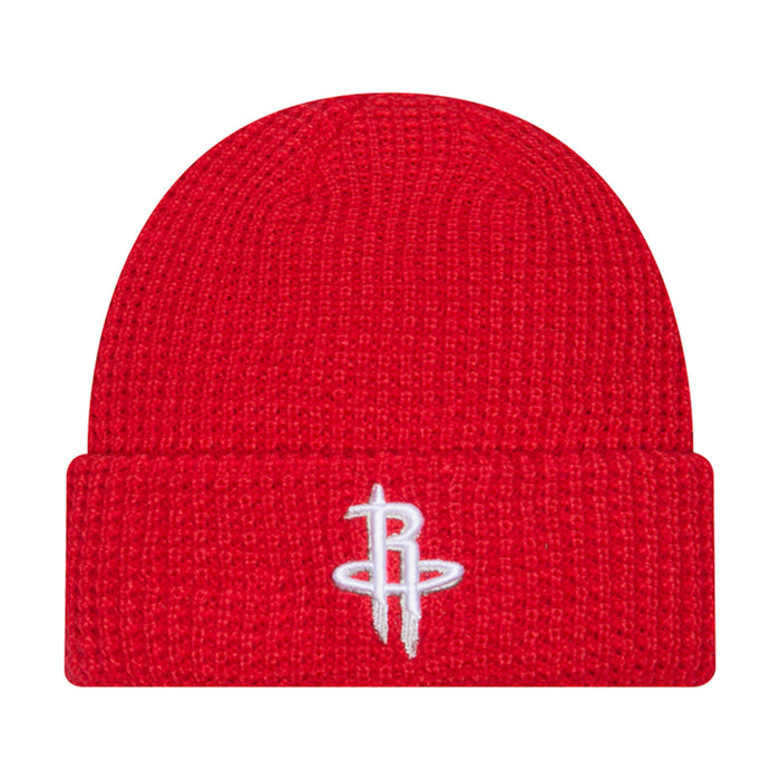 Red knit waffle beanie with white Rockets logo on folded cuff