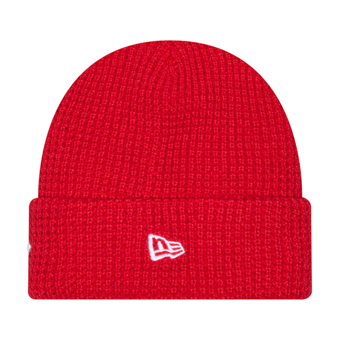Red knit waffle beanie with small embroidered New Era logo on cuff