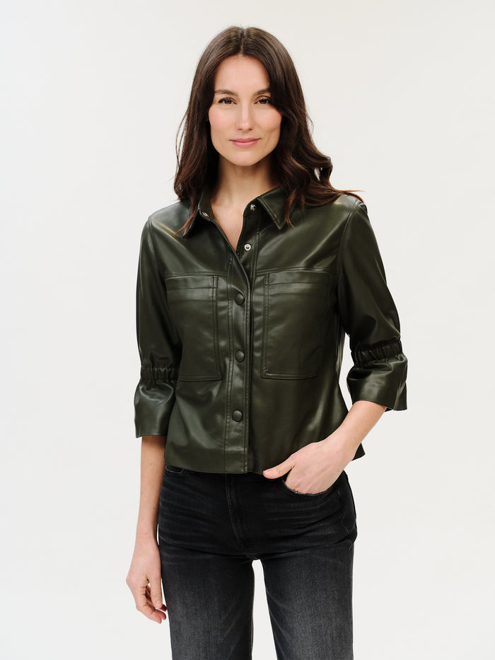 Romy Faux Leather 3/4 Sleeve Front Pocket Jacket – Olive