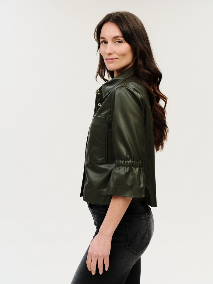 Romy Faux Leather 3/4 Sleeve Front Pocket Jacket – Olive