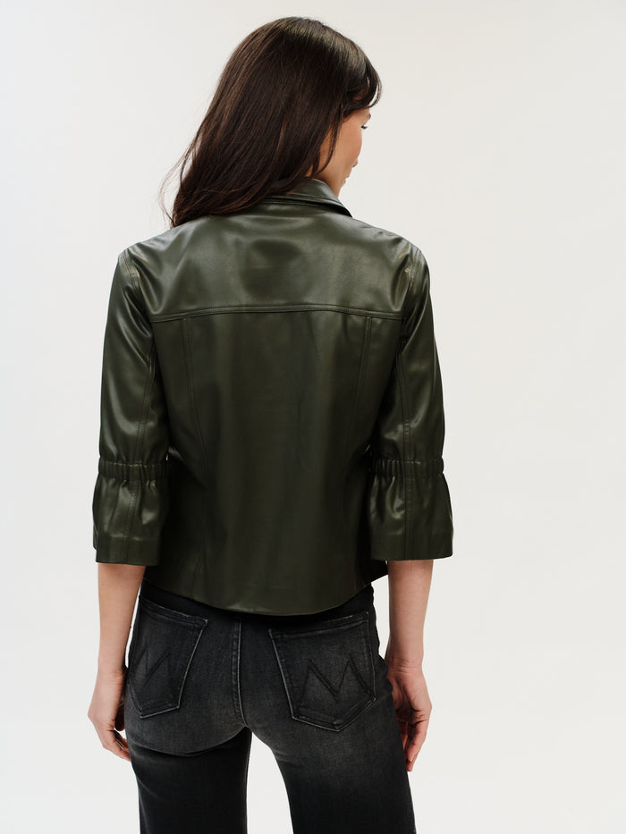Romy Faux Leather 3/4 Sleeve Front Pocket Jacket – Olive