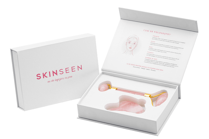 ROSE QUARTZ SET - Set Masaj Facial Roller Si Piatra Gua Sha Din Quartz - skinseen.ro
