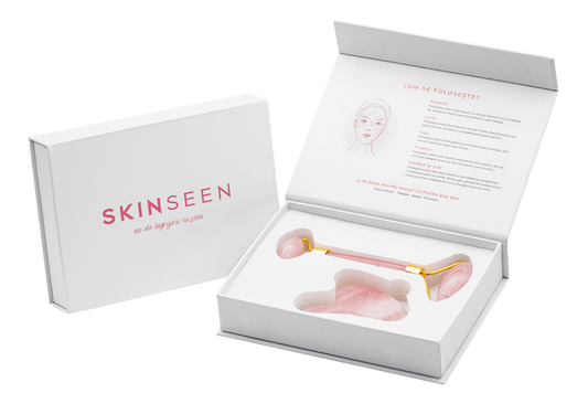 ROSE QUARTZ SET - Set Masaj Facial Roller Si Piatra Gua Sha Din Quartz - skinseen.ro