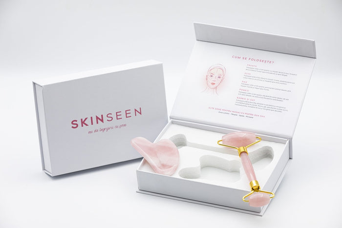 ROSE QUARTZ SET - Set Masaj Facial Roller Si Piatra Gua Sha Din Quartz - skinseen.ro